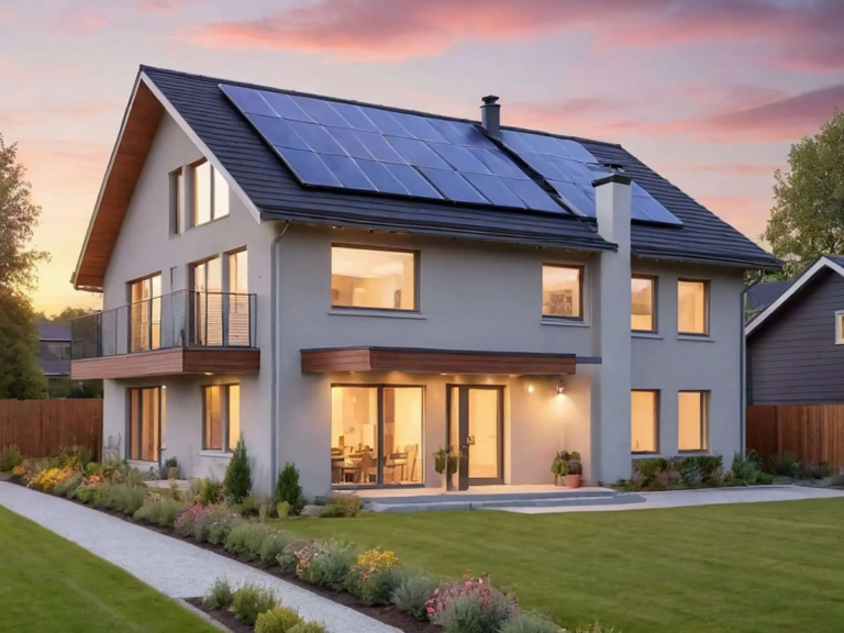 Modern grey house with solar panels on the roof and warm lights glowing in the windows at sunset